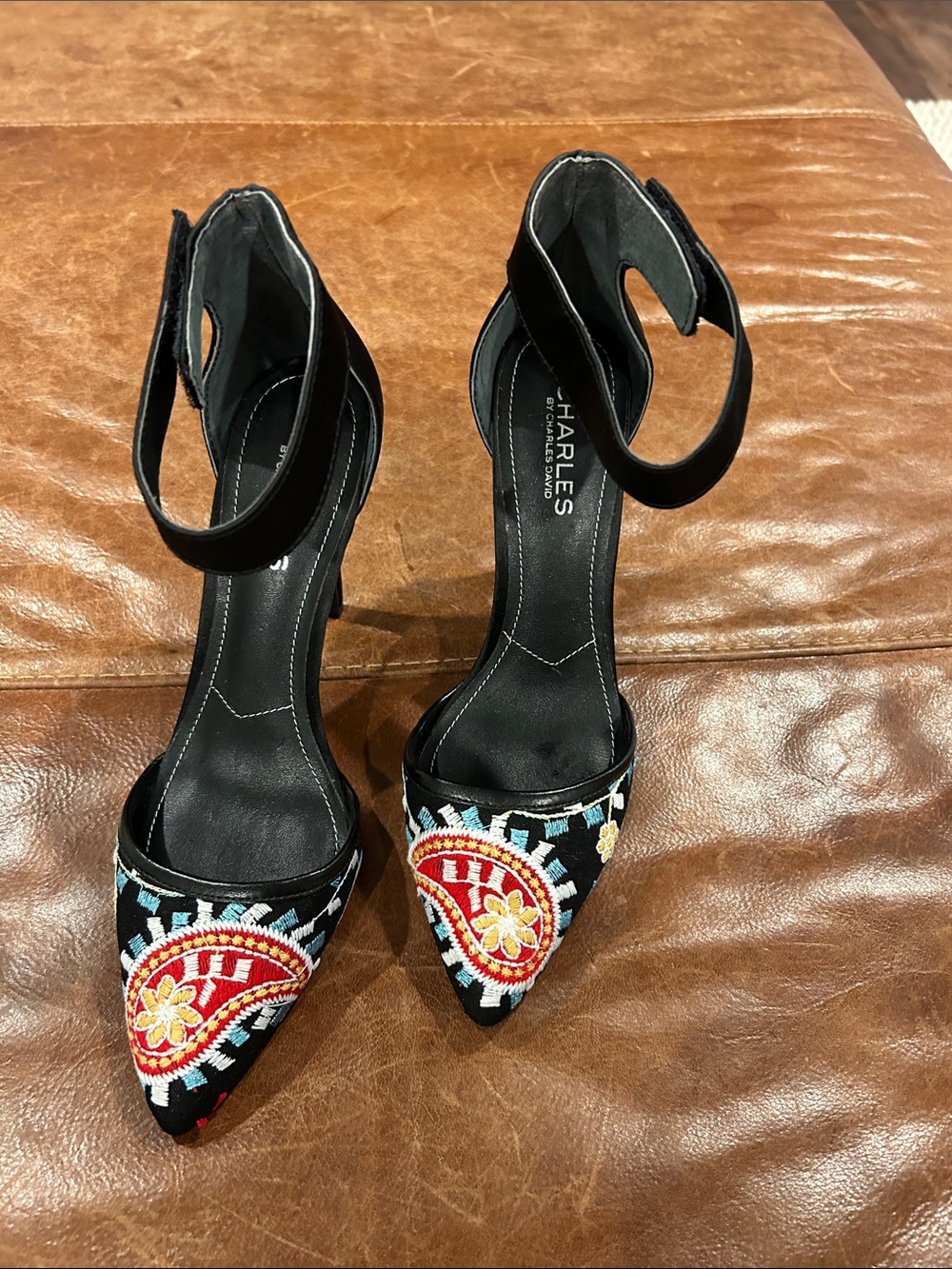 Charles By Charles David Black Pointed Embroidered Ankle-Strap Heels